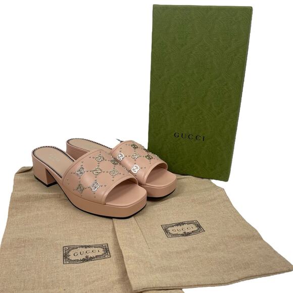 Gucci Janaya Interlocking G Studs Open Toe Slide Sandals Pink Size 39.5 - Picture 14 of 14